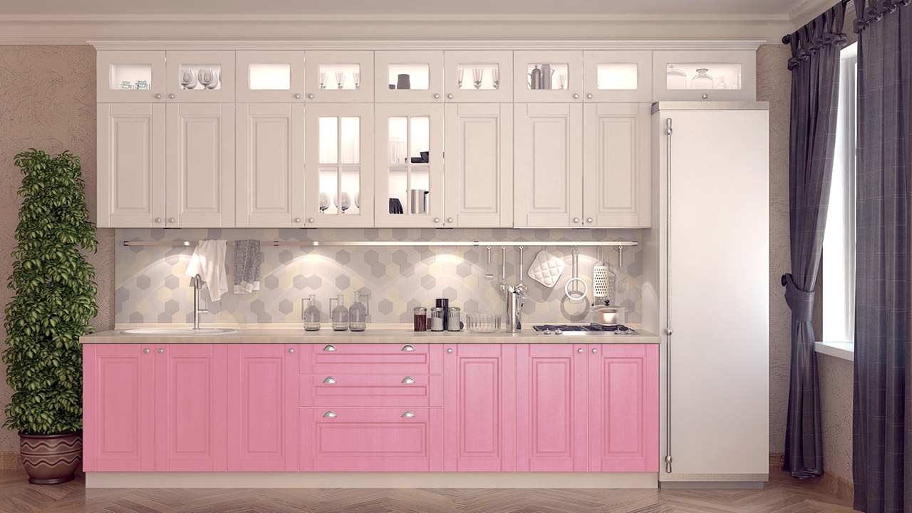  Мебель для кухни розового цвета Сканди 136 Г образная 