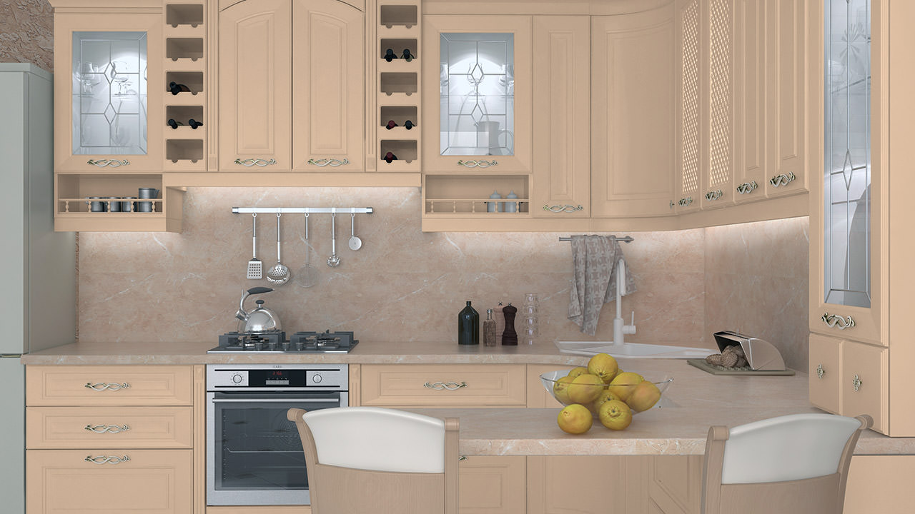  Мебель для кухни в кремовом цвете Парма 1 П образная 