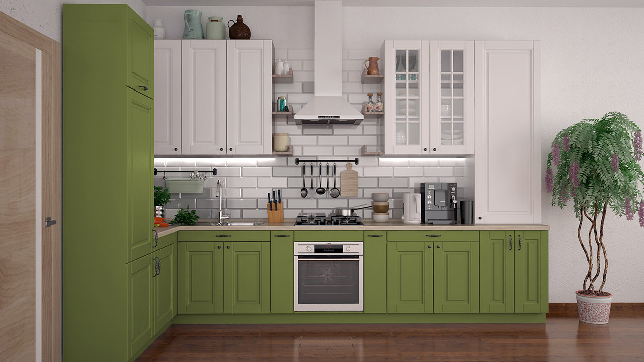 Фото кухонного гарнитура фисташкового цвета с буфетом, дизайн Усадьба - фасады с перекрестиями